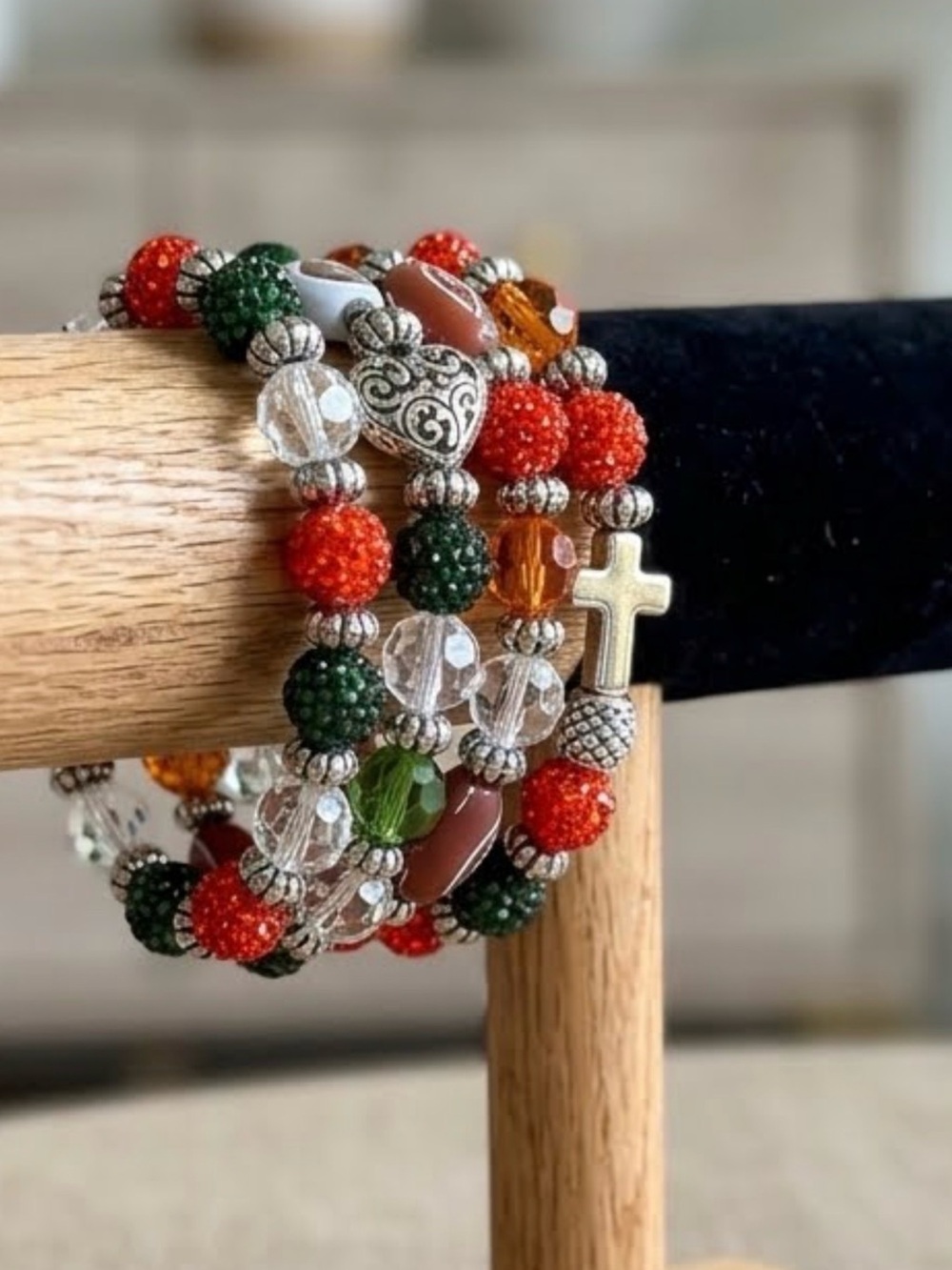 Handcrafted Multi-Strand Beaded Bracelet stackable set with Cross Charm - Orange